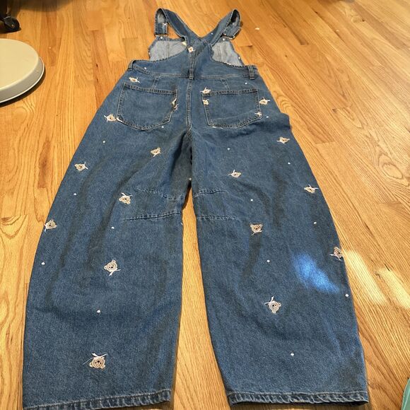 Cider Blue Denim Overalls w Embroidery Bear Wide Leg Baggy Jumpsuit pocket Sz M - Picture 10 of 10